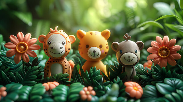 3D cartoon animal characters in the natural forest. Looks happy living together.