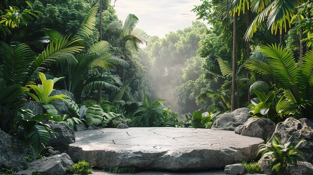 Rock podium in tropical forest for product background