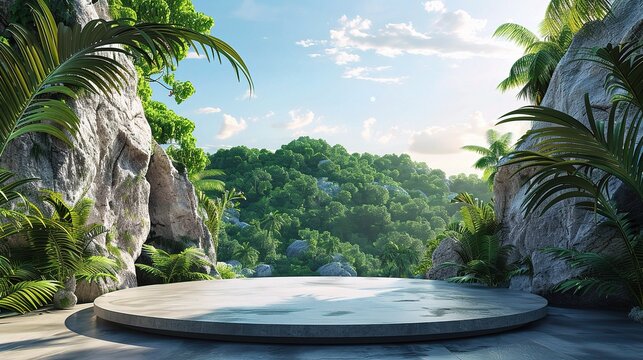 Rock podium in tropical forest for product background