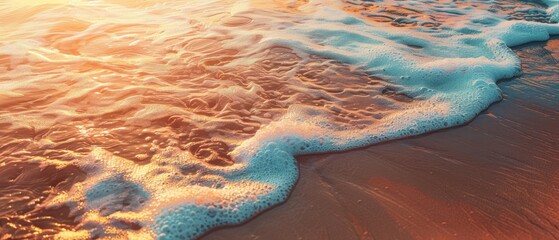 Sea water wave bubbles on beach sand with warm sunlight