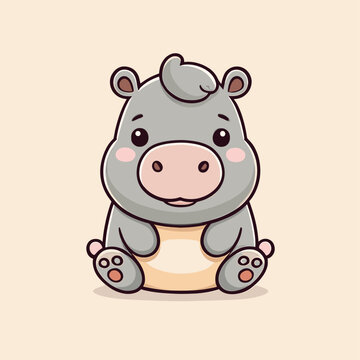 Cute Kawaii Hippopotamus Vector Clipart Icon Cartoon Character Icon on a Cream Background