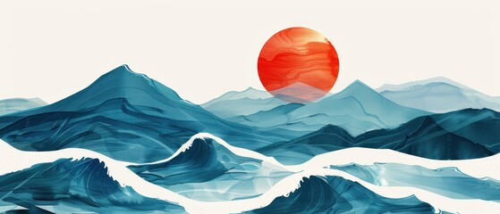 Paint illustration abstract ocean wave and mountain