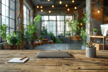 Wooden desk with laptop and notebook in office building