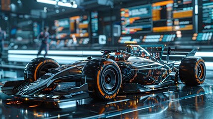 Design a Formula One car schematic brimming with futuristic details, set against a backdrop of data clouds and a dynamic GUI interface, all rendered with Unreal Engine's cutting-edge capabilities