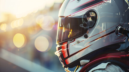Fototapeta premium Close up of racing driver in white helmet with blurred background
