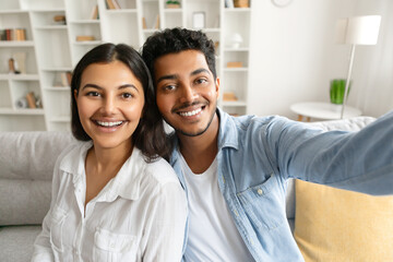 Happy indian couple taking selfie with cheerful expression