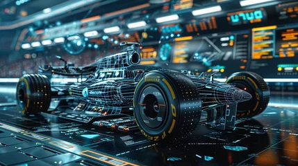 Fototapete Rund Design a Formula One car schematic brimming with futuristic details, set against a backdrop of data clouds and a dynamic GUI interface, all rendered with Unreal Engine's cutting-edge capabilities © growth.ai
