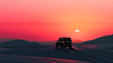 Fototapeta premium Desert dunes, an off-road car at sunset with clouds of dust. crossover moving on the sand dunes, sand flying from under the wheels. Dune drifting, bashing, extreme arabian rally entertainment