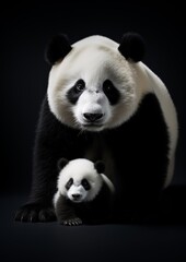 Adult panda bear portrait with small cub against dark background
