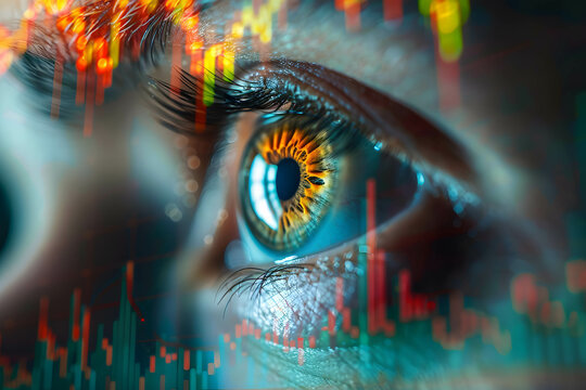 Closeup of eye man looking stock chart focus on investing and trading. programer or investor use data and AI technology to help with work