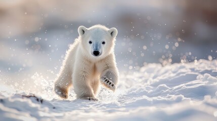 Adorable baby polar bear playing snow winter