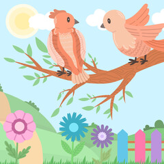 Obraz premium Two birds sit on a branch in a summer or spring landscape. Vector illustration