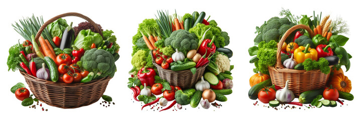 Composition with vegetables and fruits in wicker basket isolated on transparent background