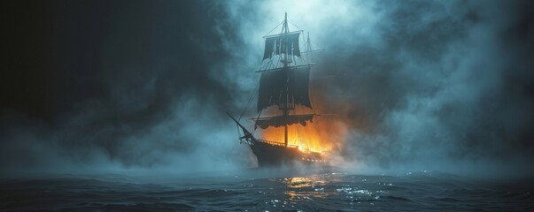 Jolly Roger in a phantom chase through misty seas, spectral flames outlining its hull, under a dark, starless sky