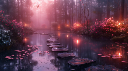 Mystical forest with stepping stones over a tranquil stream and ethereal pink light filtering through the mist.