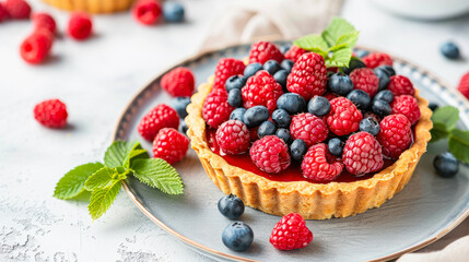 Berry Tart. Delicious berry tart with jellied and fresh raspberries and blueberries. Summer low...