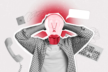 Composite photo collage of guy instead head light bulb computer keyboard tool receiver call...