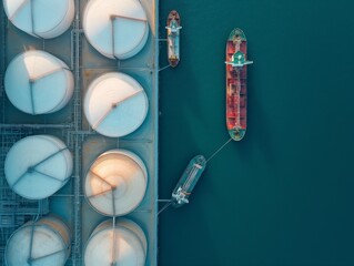 Top-down shot capturing the industrial symmetry and maritime logistics at a port with oil tankers and storage.