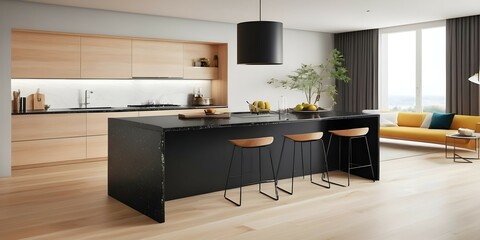 A stylish kitchen with a kitchen island covered in a sleek black granite countertop. The light wooden floor adds a sense of warmth to the space, while the clean lines and minimalistic design.