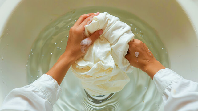 female hands washing clothes in basin. wash clothing by hand with detergent. soapy bubble water, washing powder for handwashing. Laundry, dirty t-shirt.