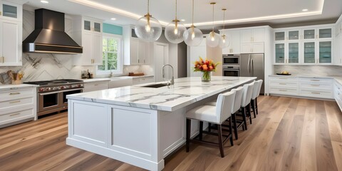 A luxury kitchen with a large kitchen island covered in a quartz countertop. The sleek white cabinets blend seamlessly with the wooden floor, exuding elegance and sophistication.