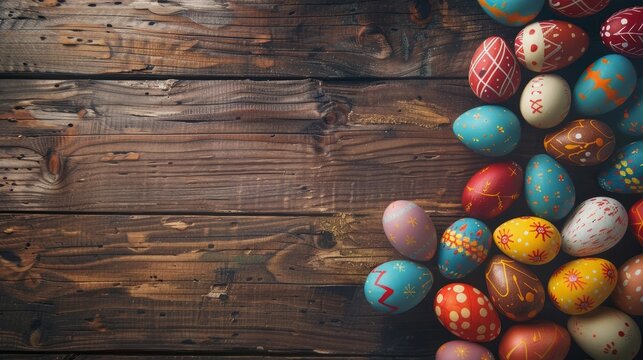 Easter eggs on wooden background. Easter background for design. Selective focus.
