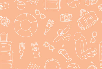 Seamless pattern of summer holiday elements, luggage and swimwear. Travel element drawn in doodle style. Vector 