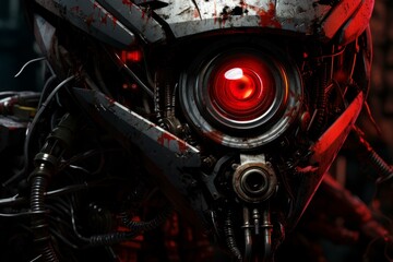 Fototapeta na wymiar Frightening Robot red eyes. Face skull metal. Generate Ai