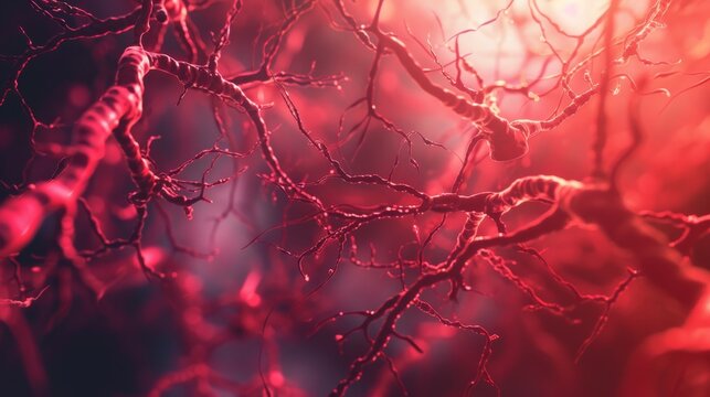 Cinematic scene of blood vessels network as seen under a microscope focusing on the pulsating flow and interconnectivity creating a dynamic and detailed visualization