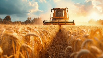 A combine harvester reaping a bountiful wheat field, efficiently harvesting crops and ushering in the season's yield. - obrazy, fototapety, plakaty