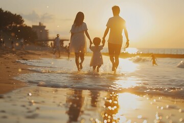 A family walks along the beach in the evening, a picture showing the love and warmth of a family. - obrazy, fototapety, plakaty