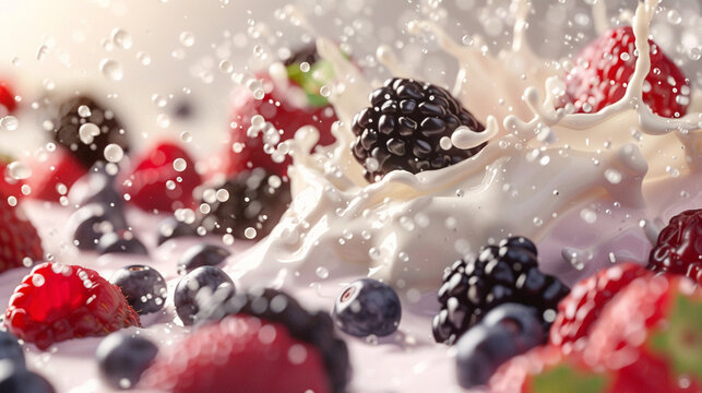 A unique representation of a splash of yogurt colliding with a burst of mixed berries