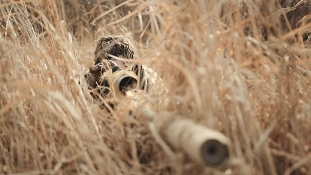 Amidst withered grass, a sniper lies concealed, his patience and resilience as steadfast as his aim, ready to take the precise shot at the opportune moment. 