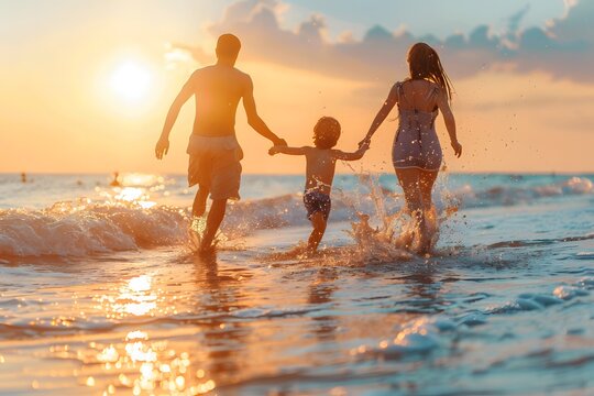 A family walks along the beach in the evening, a picture showing the love and warmth of a family.