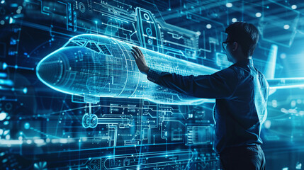 An engineer working on a futuristic airplane design