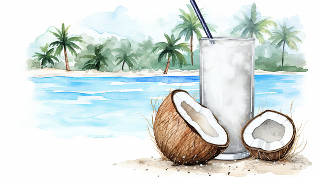 A watercolor illustration of a refreshing coconut drink on a sandy beach with palm trees and a turquoise sea in the background, evoking a tropical paradise.