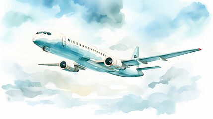 Watercolor illustration of a passenger jet ascending in a cloudy sky, travel and vacation theme. - obrazy, fototapety, plakaty