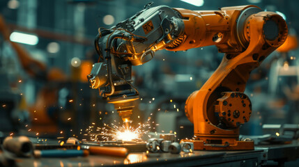An automated orange industrial robot arm engaged in precise welding work, with sparks flying.
