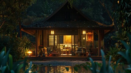 A cozy Thai house at night, its windows glowing, with a closeup on the food being prepared inside