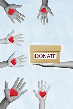 Trend artwork image composite photo collage of black white silhouette hand hold donation box handrs hold alms donor blood hearts
