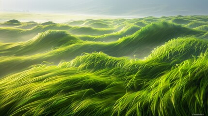 long green grass,  waves undulating line, blurred movement, copy and text space, 16:9