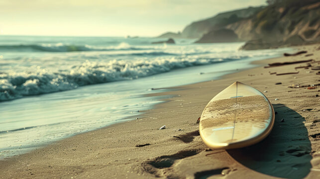 Surfoard Positioned On A Sandy Shoreline. Surfboard On A Beach Background