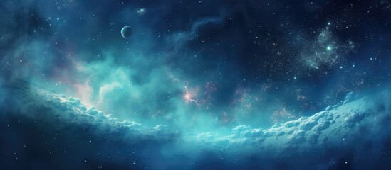 An elegant painting depicting a galaxy in space with a crescent moon against a backdrop of azure sky. Clouds of electric blue and cumulus add depth to the art - obrazy, fototapety, plakaty