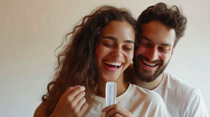 Create a joyful scene of a couple embracing with a positive pregnancy test result in hand