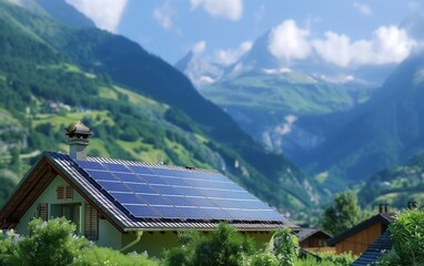 Obraz premium Sustainable Living Amidst the Mountains, sustainable, solar panels, house, mountains, green, valley, picturesque, lush, peaks, eco-friendly, renewable, energy, nature, alpine, landscape, technology