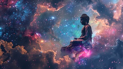 Obraz na płótnie Canvas Cosmic Contemplation, buddha, meditation, cosmic, nebula, stars, enlightenment, tranquil, statue, pose, mystical, space, clouds, serenity, spirituality, universe, galaxy, peace, astral, zen, harmony