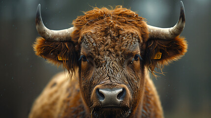 Close-up of a brown bull with horns against a blurred background. - obrazy, fototapety, plakaty