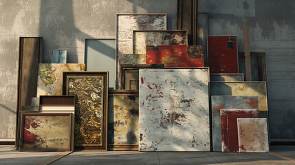 Assorted Canvas Art Collection, Textured Paintings Piled in Studio, Creative Chaos