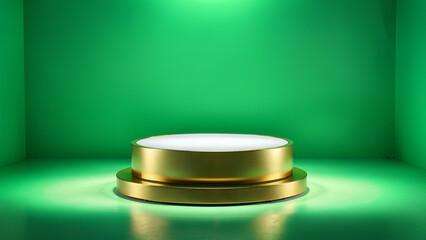 Green Product Display Background, luxurious gold product podium, studio presentation stage, Light abstract simple pedestal floor stand scene, ambient lights, podium platform, product presentation spot