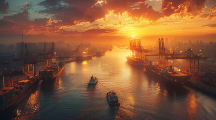 Fototapeta premium A breathtaking view of an industrial harbor bathed in the golden light of sunset, with ships and cranes silhouetted against the vibrant sky.